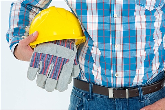 建筑工人,拿着,安全帽,手套