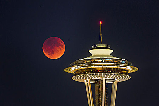 美国,华盛顿,血,月亮,日蚀,上方,西雅图,太空针塔,两个,图像,合成效果,财务,鲜明,针
