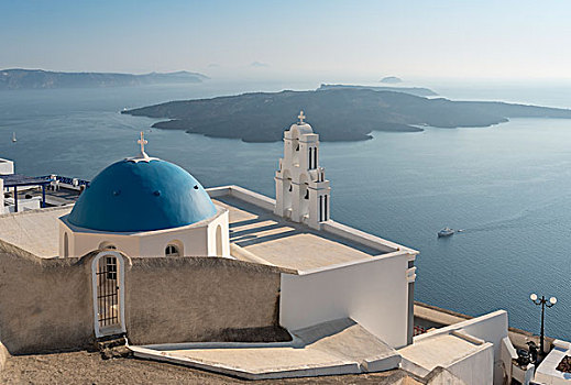 蓝色,圆顶,钟楼,教堂,锡拉岛,希腊,欧洲