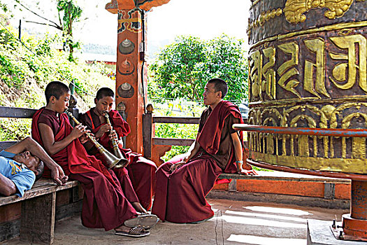 僧侣,演奏,庙宇,普那卡,地区,不丹,亚洲