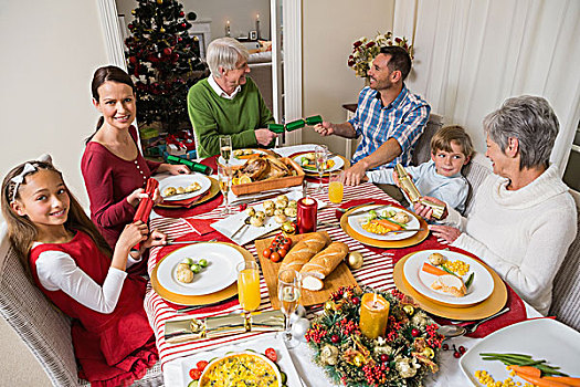 微笑,家庭,拉拽,圣诞拉炮,餐桌