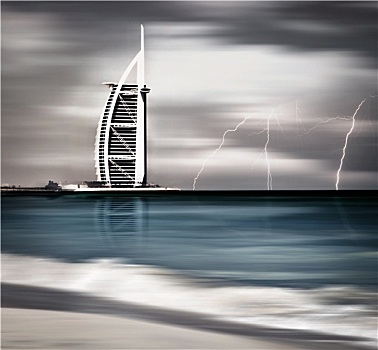 雷暴,闪电,迪拜,海滩