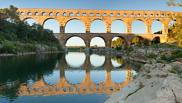 加尔桥,落日,罗马水道,世界遗产,河,朗格多克-鲁西永大区,南方,法国