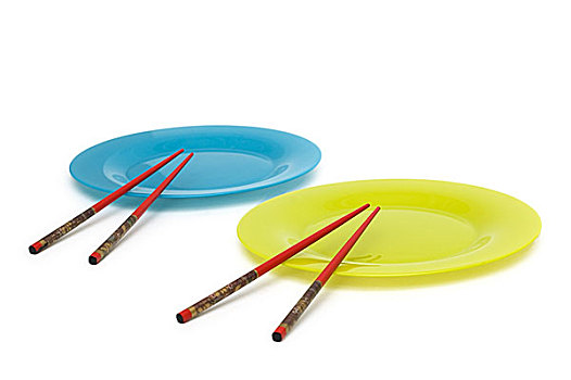 蓝色,黄色,盘子,筷子,隔绝,白色背景