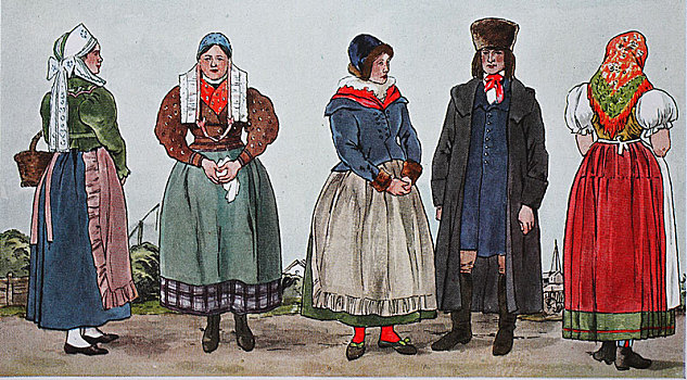 人,传统服装,时尚,衣服,德国,服饰,西里西亚,19世纪,插画,欧洲