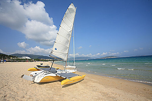 帆船,海滩,蓝天