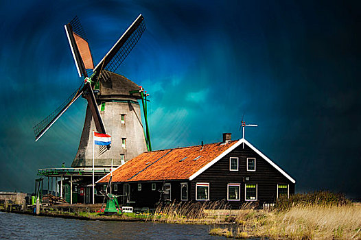 老,风车,运河,荷兰