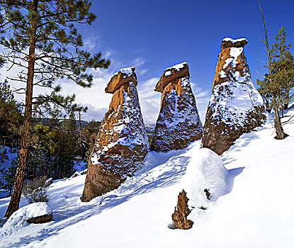 美国,俄勒冈,杰斐逊,景色,三个,平衡性,石头,第一,冬天,雪,画廊