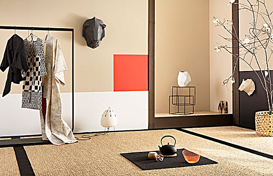 优雅,日式房间,榻榻米,挂衣梁,艺术品