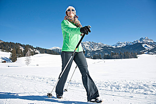 女人,走,滑雪杖,冬天