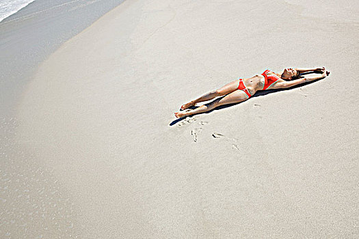 俯拍,女人,躺着,海滩