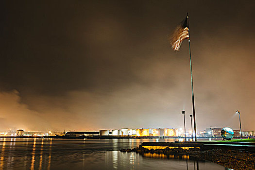 美国国旗,水岸,普吉特湾,夜晚,塔科马,华盛顿,美国