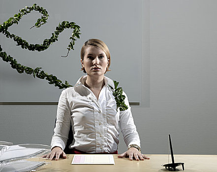 女人,书桌,植物
