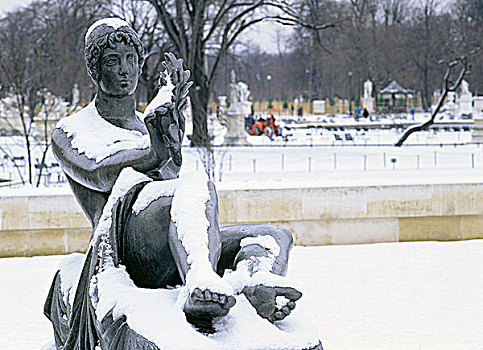 法国,巴黎,杜乐丽花园,冬天,雕塑,雪