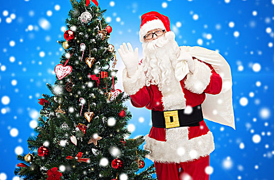 圣诞节,休假,人,概念,男人,服饰,圣诞老人,包,圣诞树,摆动,表针,上方,蓝色,雪,背景