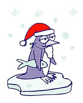 插画,企鹅,鱼,浮冰,站立,圣诞时节,时间,圣诞节,绘画,纯洁,动物,掩饰,圣诞老人,帽,胡须,雪花,下雪,概念