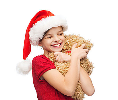 圣诞节,圣诞,冬天,高兴,概念,微笑,女孩,圣诞老人,帽子,泰迪熊