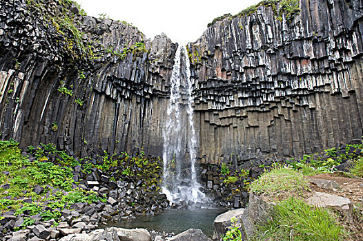 水,急促,上方,石头,玄武岩,柱子,斯卡夫塔菲尔国家公园,国家公园,冰岛,斯堪的纳维亚,北欧,欧洲
