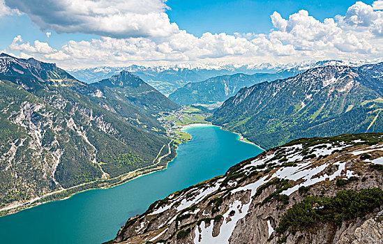 风景,湖,雪,链子,阿尔卑斯山,春天,提洛尔,奥地利,欧洲