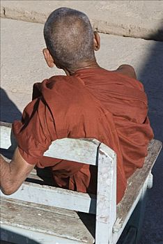 缅甸,僧侣,坐,长椅,后视图