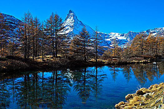 湖,秋天,风景,积雪,马塔角,策马特峰,瓦莱,瑞士,欧洲