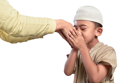 小,亚洲人,穆斯林,儿童,白色,帽,吻,父母,手