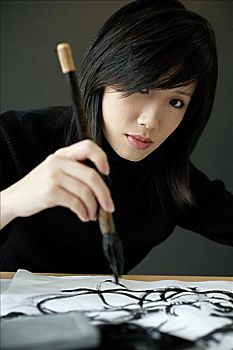女人,拿着,中国人,上油漆,绘画,书法