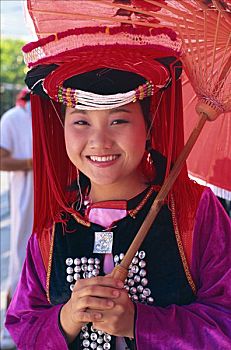 泰国,金三角,清莱,傈僳族,女孩,穿,传统,帽子