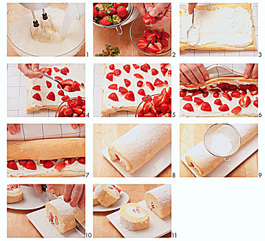 准备,草莓,奶油,海绵蛋糕卷