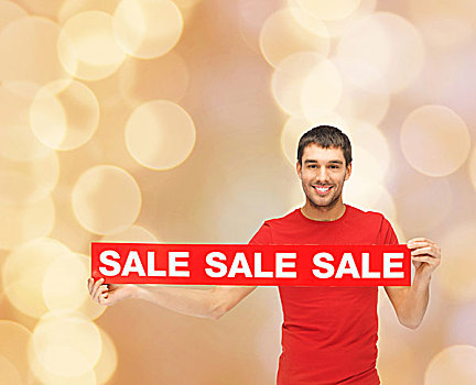 销售,购物,圣诞节,休假,人,概念,微笑,男人,红色,t恤,标识