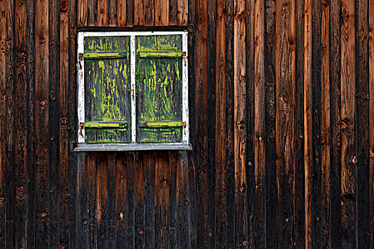 乡村,木墙,闭合,绿色,旧式,百叶窗,窗户