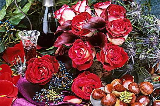 花瓶,红色,白色,玫瑰,利口酒,甜栗