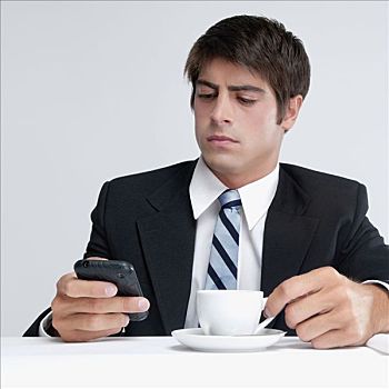 商务人士,手机,俯视,一杯咖啡