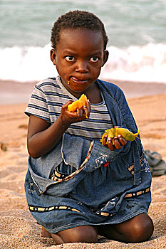 非洲人,女孩,吃,芒果,岛屿,马拉维,十月,2005年