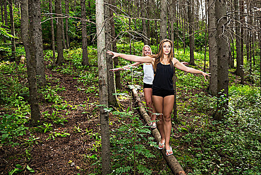 两个,青少年,女朋友,平衡性,秋天,登录,树林,公园,埃德蒙顿,艾伯塔省,加拿大