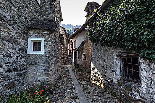 特色,提契诺河,石头,房子,狭窄,小巷,山村,瑞士,欧洲