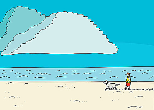 男性,遛狗,海岸