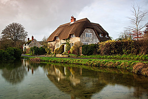 英格兰,威尔特,风景,水塘,茅草屋顶,屋舍