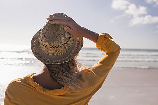 女人,帽子,站立,海滩