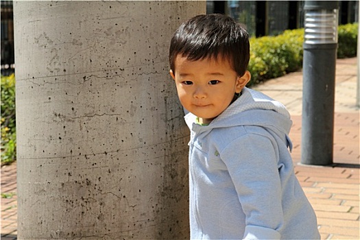 日本人,男孩,隐藏,后面,杆,1岁