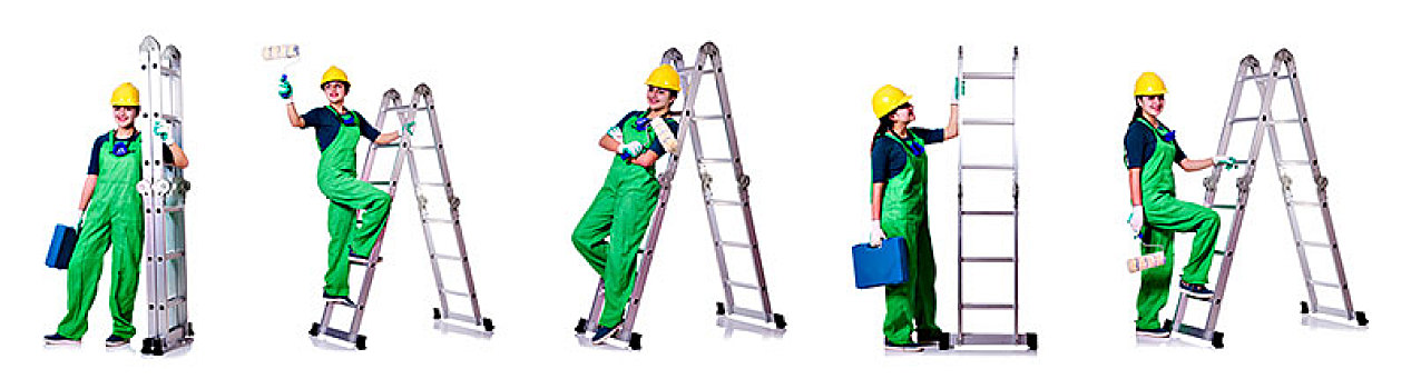 女性,建筑工人,梯子