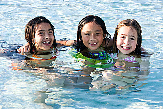 三个,高兴,女孩,游泳池