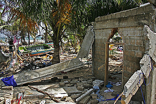 墙壁,建筑,靠近,岸边,毁坏,印度洋,海啸,2004年,斯里兰卡,一月,2005年