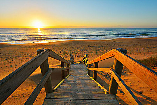 木质,楼梯,海滩,日出,天堂海滩,英里,维多利亚,澳大利亚