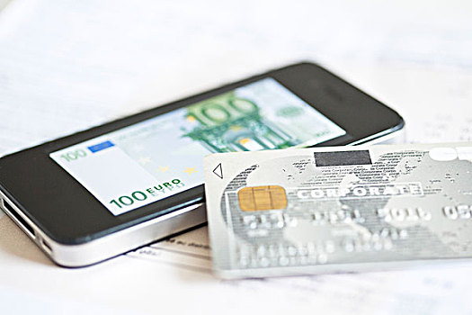 信用卡,休息,智能手机,展示,欧元,钞票