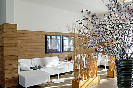 木头,后面,白色,沙发,组合,分隔,捆绑,花瓶,樱花,前景