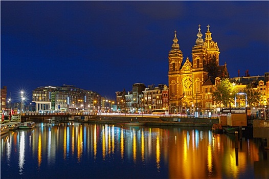 夜晚,城市风光,阿姆斯特丹,运河,大教堂,圣徒