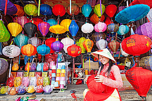 越南,会安,老城,女孩,制作,纸灯笼