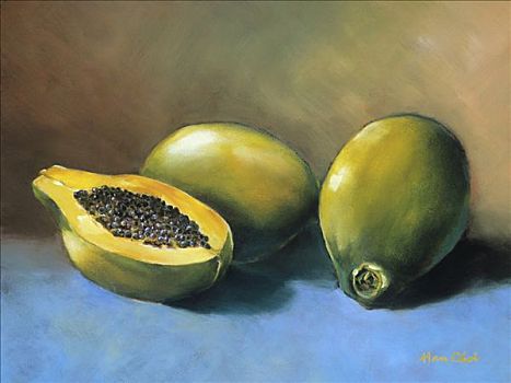 木瓜,水面,油画