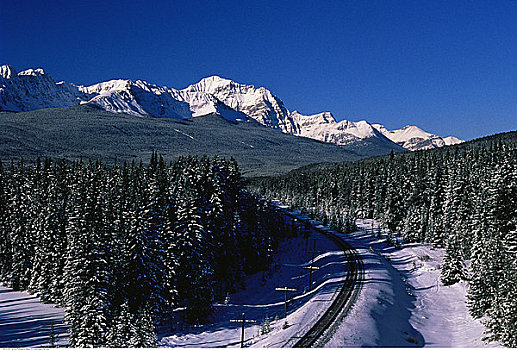 俯视,风景,铁轨,冬天,班芙国家公园,艾伯塔省,加拿大